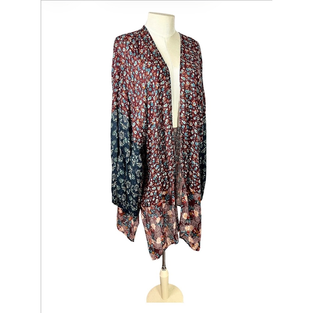 Natural Life Floral Kimono Wrap Burgundy Navy Boho Mixed Print L/XL - Picture 1 of 7